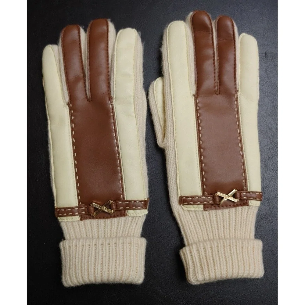 Vintage Womens Aris Knit Gloves 2 Pair One Size Faux Leather Burgundy Red White